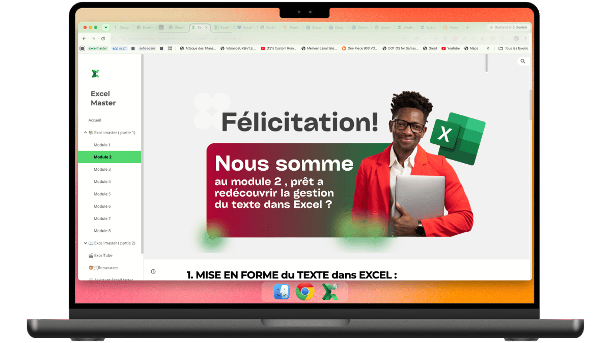Interface d'accueil et modules sur MacBook